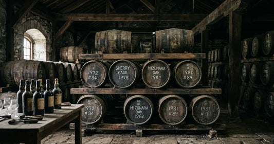 Traditionelles Fasslager mit alten Sherry- und Mizunara-Eichenfässern im warmen Kellerlicht