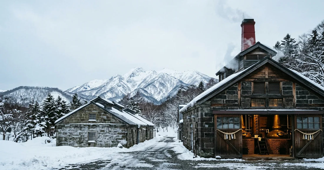Historisches Brennereigebäude von Yoichi in Hokkaido im winterlichen Küstenlicht