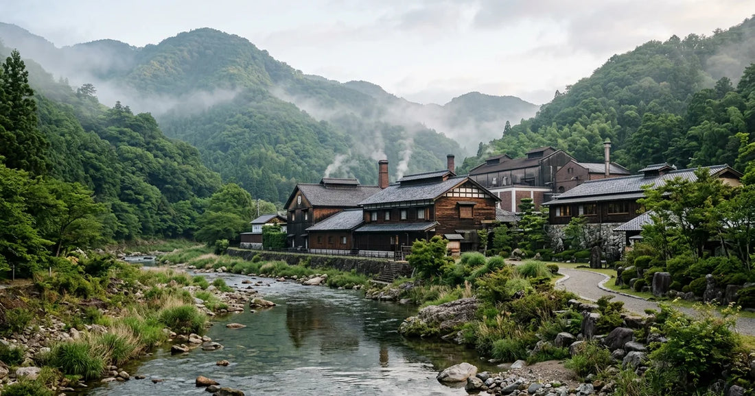 Malerische Ansicht der Yamazaki Whisky Destillerie am Fuße der nebligen Berge