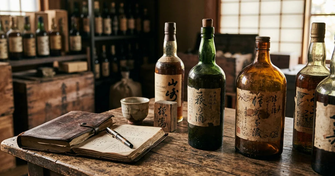 Historische Dokumente und Whiskyflaschen zur Geschichte des japanischen Whiskys