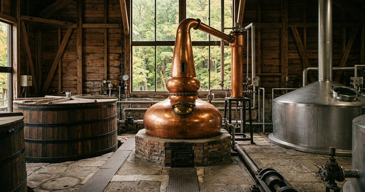 Kupferne Brennblase in einer japanischen Whisky-Destillerie mit Washbacks und Maischebottich
