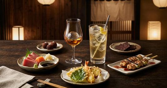 Japanischer Whisky neben japanischen Speisen auf einem gedeckten Tisch