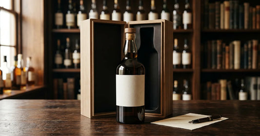 Japanische Whisky-Sammlerflasche mit Präsentationsbox und Provenienzkarte auf dunklem Holztisch