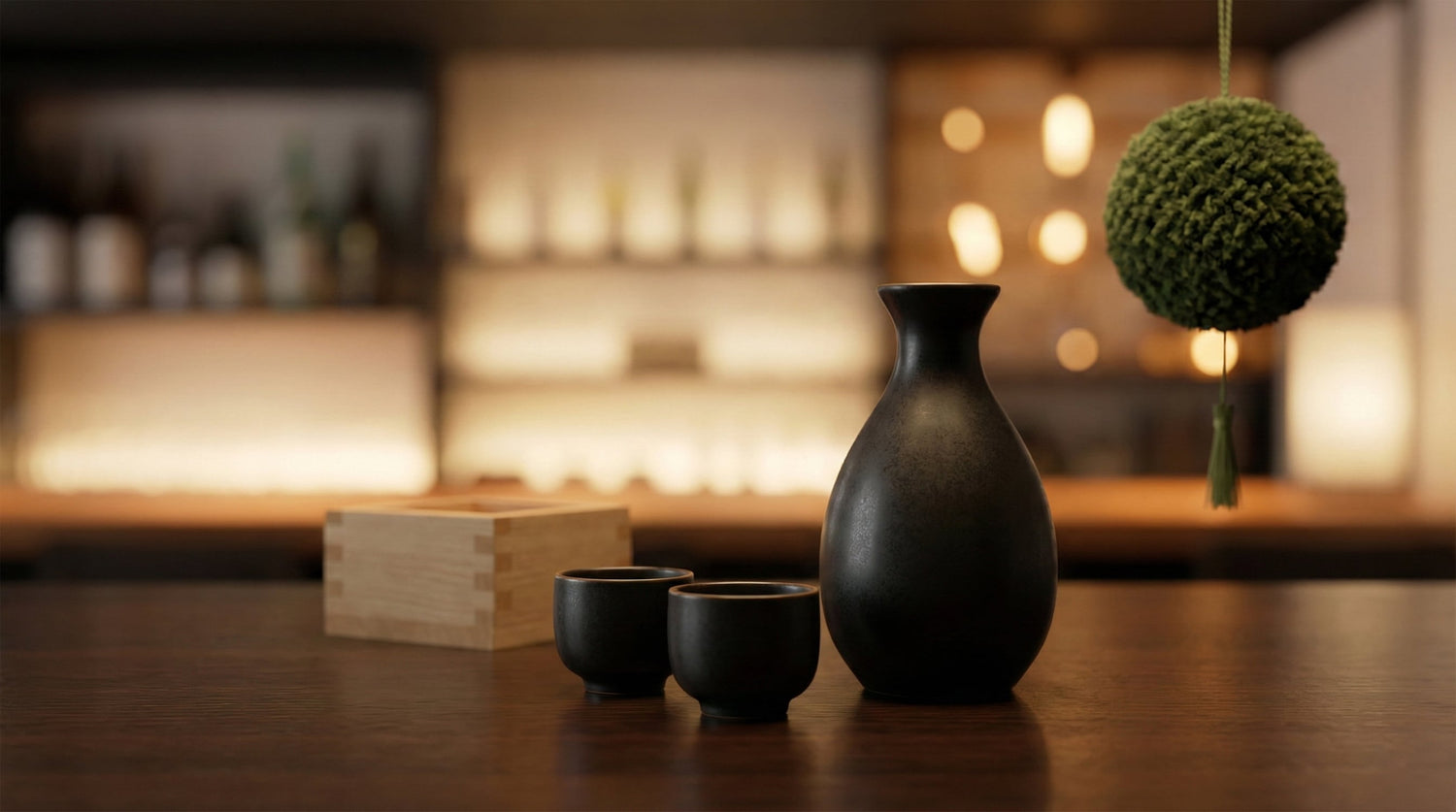 Premium japanischer Sake in traditionellen Keramikgefäßen auf einem Holztisch in einer edlen Bar-Atmosphäre.